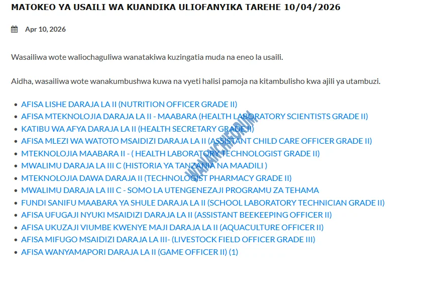 MATOKEO YA USAILI WA KUANDIKA ULIOFANYIKA TAREHE 10/04/2026