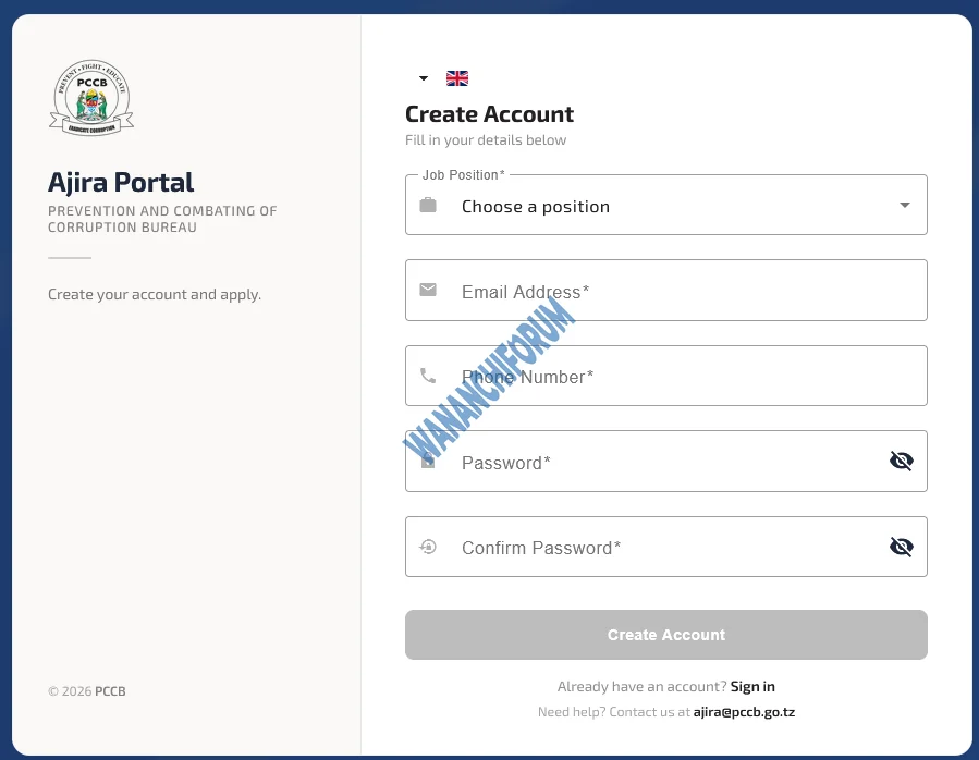 Mfumo wa Kutuma maombi ya Ajira TAKUKURU PCCB Aprili 2026