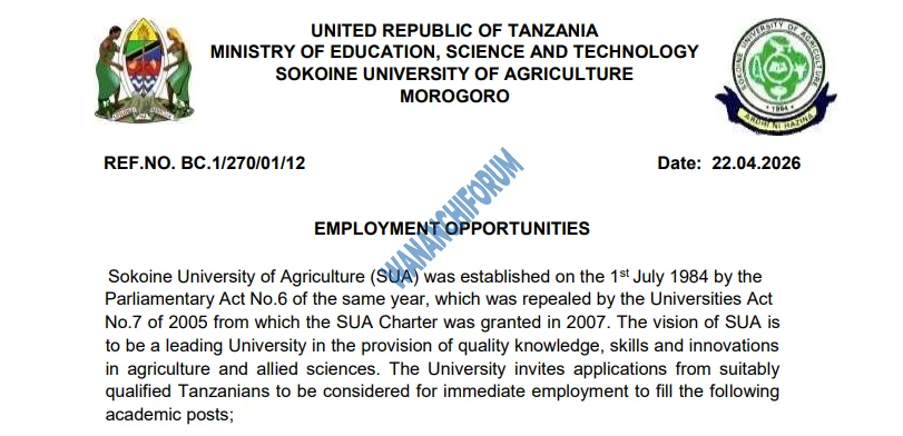 TANGAZO LA NAFASI ZA KAZI CHUO KIKUU CHA KILIMO CHA SOKOINE (SUA) 23-04-2026