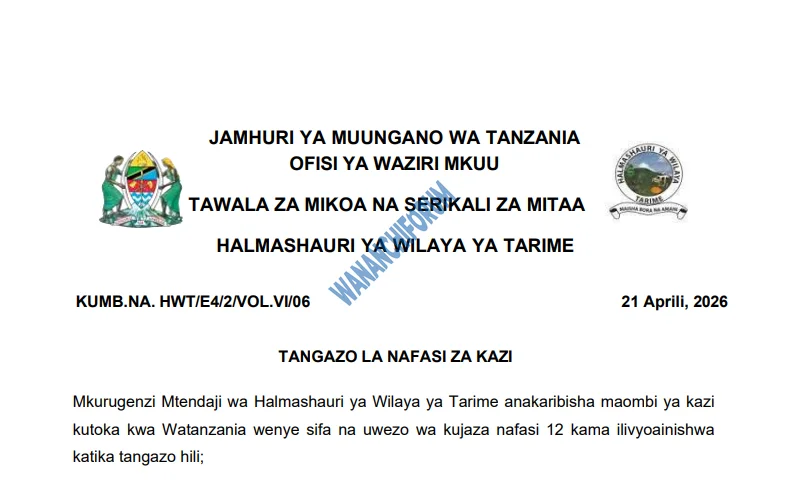 TANGAZO LA NAFASI ZA KAZI HALMASHAURI YA WILAYA YA TARIME 21-04-2026