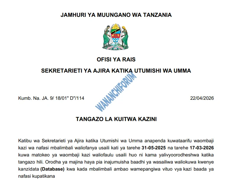 TANGAZO LA KUITWA KAZINI TAASISI MBALIMBALI ZA UMMA 22-04-2026