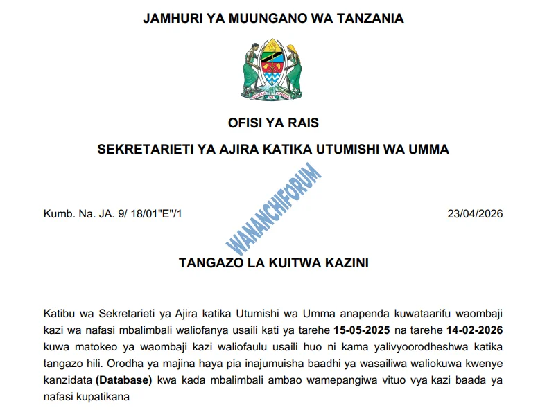 TANGAZO LA KUITWA KAZINI TAASISI MBALIMBALI ZA UMMA 23-04-2026