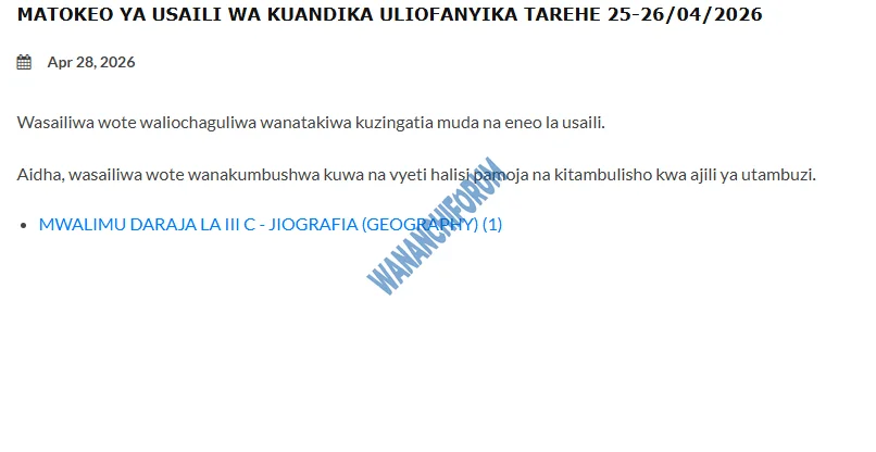 MATOKEO YA USAILI WA KUANDIKA ULIOFANYIKA TAREHE 25-26/04/2026