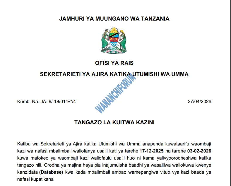 TANGAZO LA KUITWA KAZINI WIZARA YA KILIMO 27-04-2026