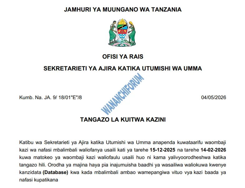 TANGAZO LA KUITWA KAZINI HALMASHAURI YA WILAYA YA NAMTUMBO 04-05-2026