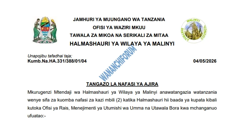 TANGAZO LA NAFASI ZA KAZI HALMASHAURI YA WILAYA YA MALINYI 05-05-2026