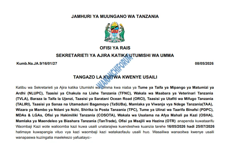 TANGAZO LA KUITWA KWENYE USAILI TAASISI MBALIMBALI ZA UMMA 08-05-2026