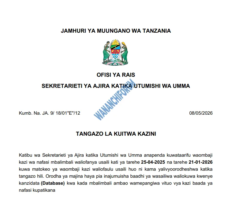 TANGAZO LA KUITWA KAZINI TAASISI MBALIMBALI ZA UMMA 08-05-2026