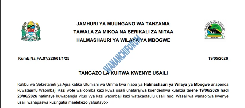 TANGAZO LA KUITWA KWENYE USAILI HALMASHAURI YA WILAYA YA MBOGWE 20-05-2026