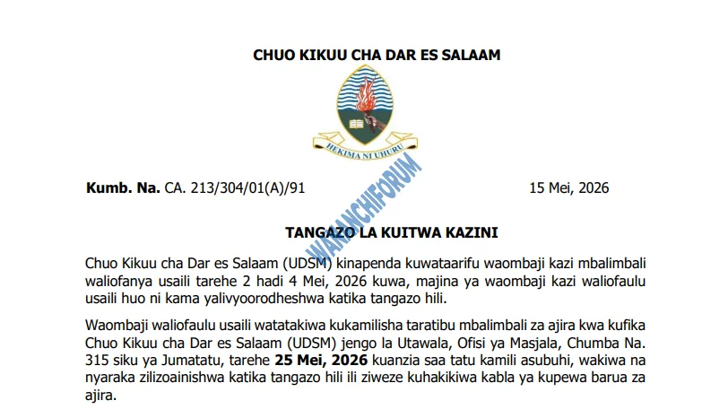 TANGAZO LA KUITWA KAZINI CHUO KIKUU CHA DAR ES SALAAM 19-05-2026