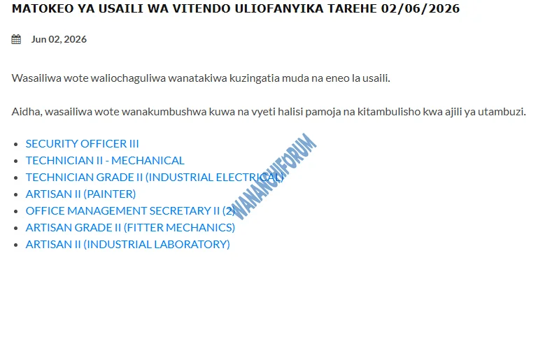 MATOKEO YA USAILI WA VITENDO ULIOFANYIKA TAREHE 02/06/2026
