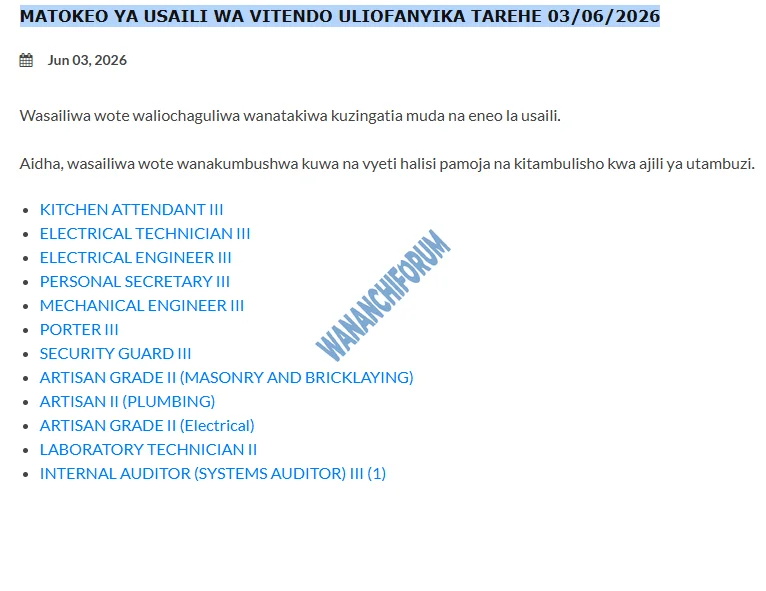 MATOKEO YA USAILI WA VITENDO ULIOFANYIKA TAREHE 03/06/2026