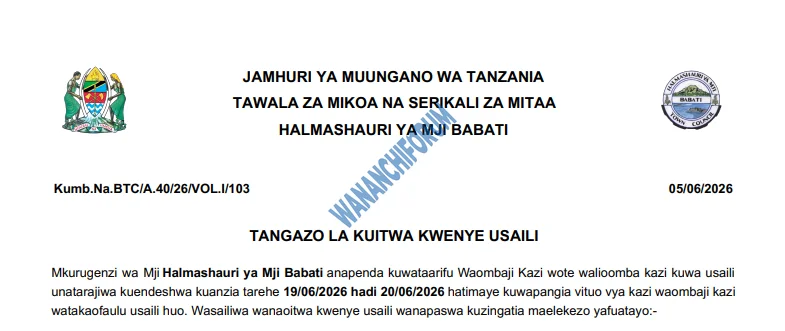 TANGAZO LA KUITWA KWENYE USAILI HALMASHAURI YA MJI BABATI 06-06-2026