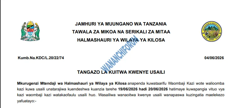 TANGAZO LA KUITWA KWENYE USAILI HALMASHAURI YA WILAYA YA KILOSA 06-06-2026