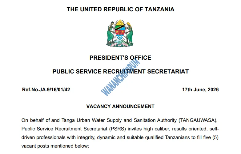 TANGAZO LA NAFASI ZA KAZI MAMLAKA YA MAJI SAFI NA USAFI WA MAZINGIRA TANGA 17-06-2026