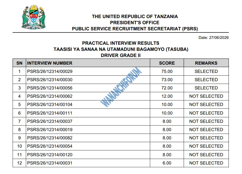 MATOKEO YA USAILI WA VITENDO DEREVA II-TAASISI YA SANAA NA UTAMADUNI BAGAMOYO (TASUBA)