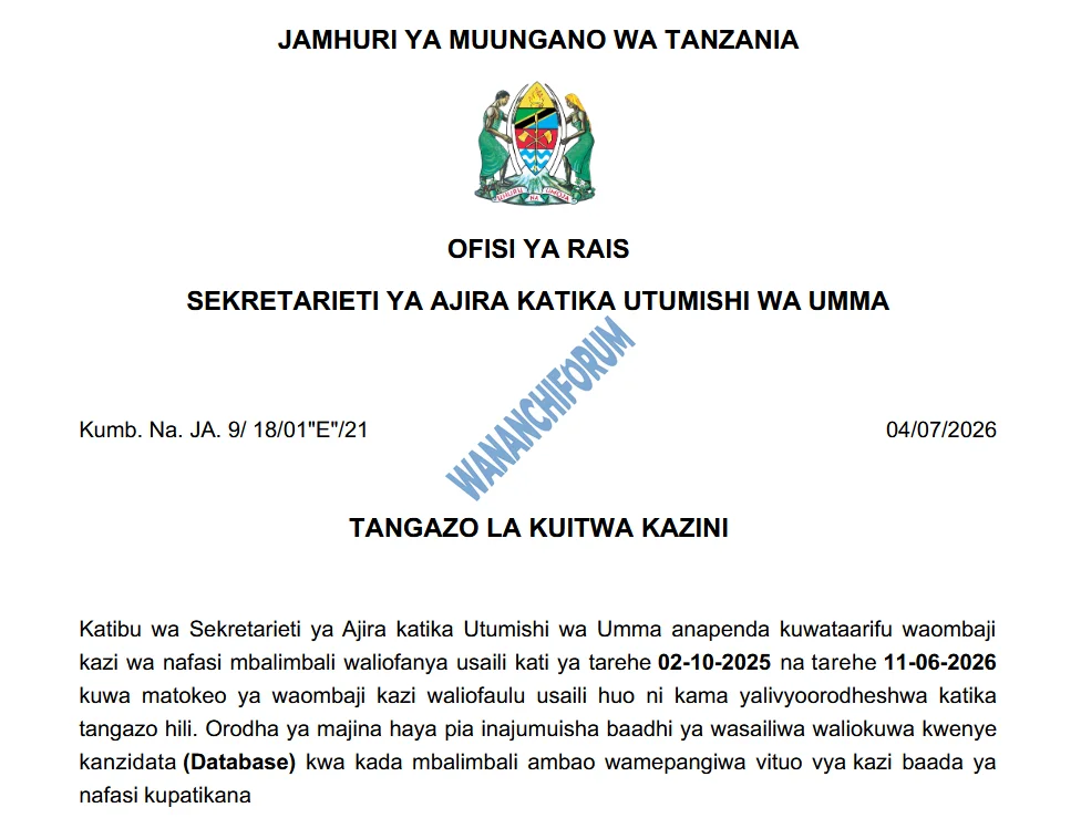 TANGAZO LA KUITWA KAZINI TAASISI MBALIMBALI ZA UMMA 04-07-2026