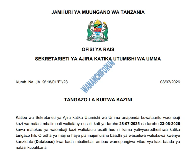 TANGAZO LA KUITWA KAZINI TAASISI MBALIMBALI ZA UMMA 08-07-2026