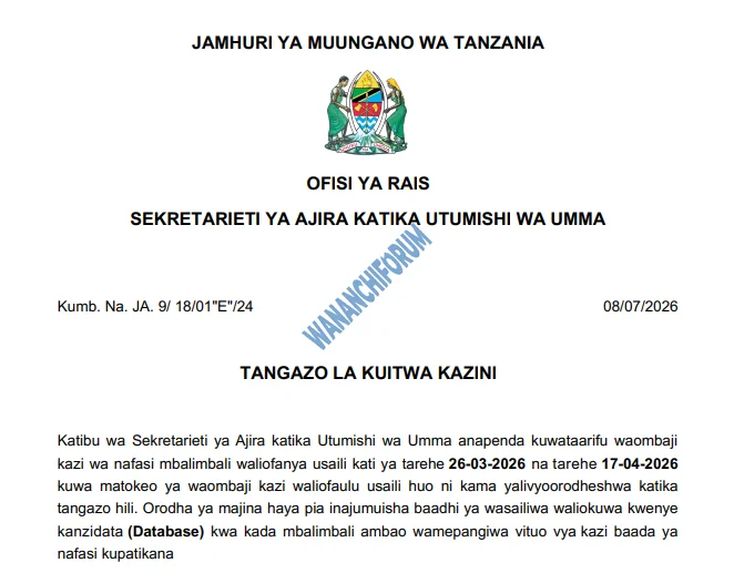 TANGAZO LA KUITWA KAZINI CHUO KIKUU CHA MWALIMU NYERERE CHA KILIMO NA TEKNOLOJIA 08-07-2026