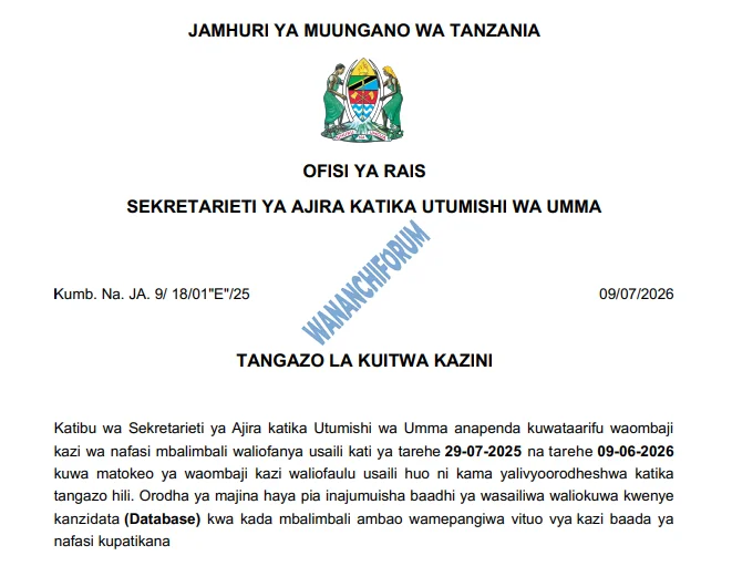 TANGAZO LA KUITWA KAZINI TAASISI MBALIMBALI ZA UMMA 09-07-2026