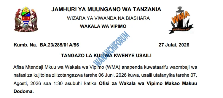 TANGAZO LA KUITWA KWENYE USAILI WAKALA WA VIPIMO 27-07-2026