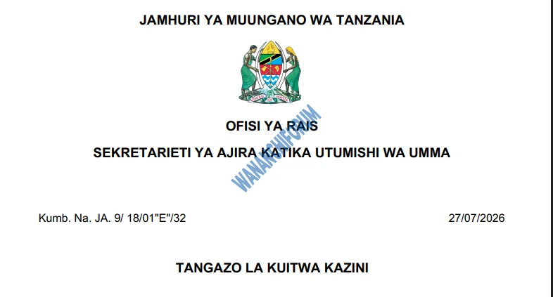 TANGAZO LA KUITWA KAZINI TAASISI MBALIMBALI ZA UMMA 27-07-2026
