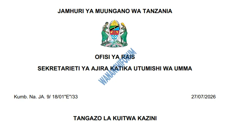 TANGAZO LA KUITWA KAZINI OFISI YA MKUU WA MKOA KAGERA 27-07-2026