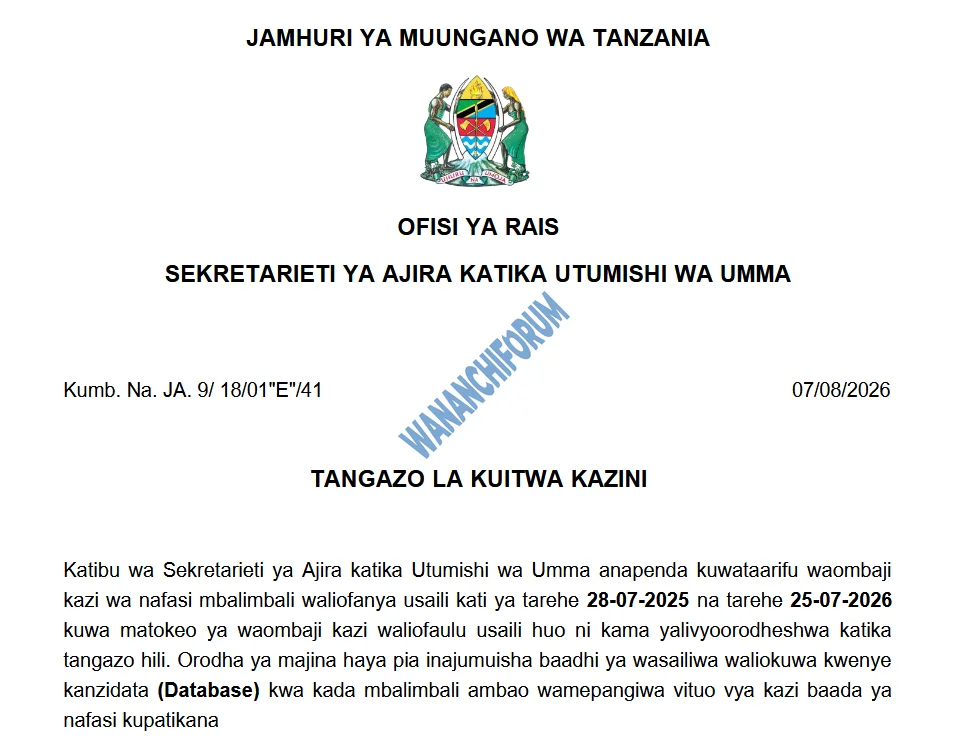 TANGAZO LA KUITWA KAZINI TAASISI MBALIMBALI ZA UMMA 07-08-2026