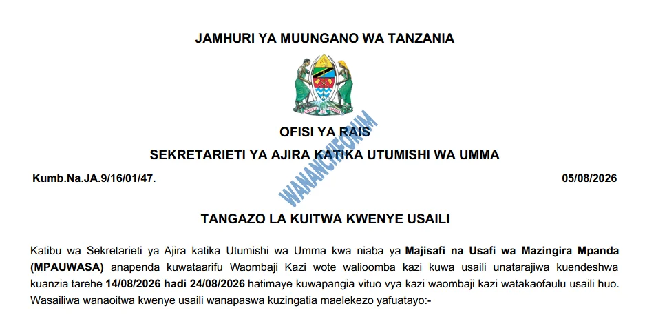 TANGAZO LA KUITWA KWENYE USAILI MAMLAKA YA MAJISAFI NA USAFI WA MAZINGIRA MPANDA 05-08-2026