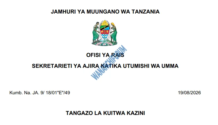 TANGAZO LA KUITWA KAZINI TAASISI MBALIMBALI ZA UMMA 19-08-2026