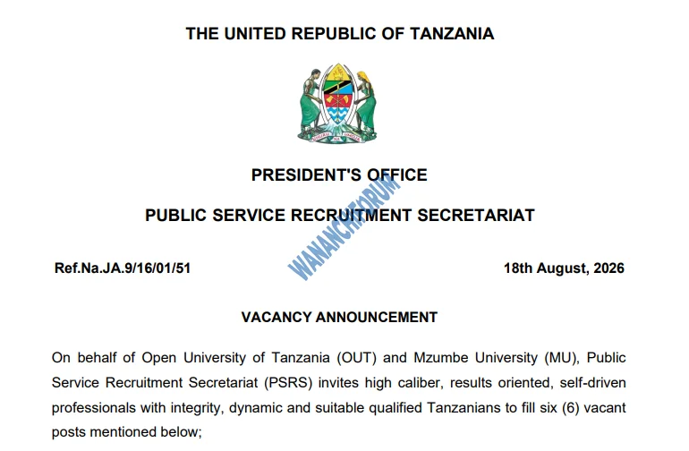 TANGAZO LA NAFASI ZA KAZI CHUO KIKUU MZUMBE NA CHUO KIKUU HURIA CHA TANZANIA 19-08-2026