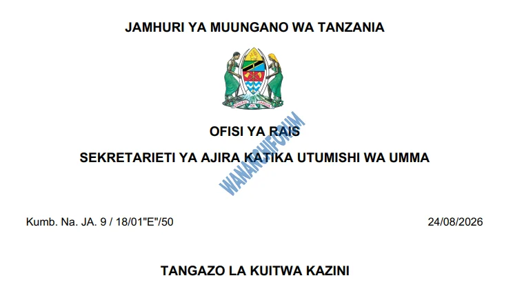 TANGAZO LA KUITWA KAZINI TAASISI MBALIMBALI ZA UMMA 24-08-2026