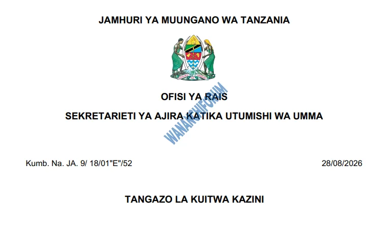 TANGAZO LA KUITWA KAZINI TAASISI MBALIMBALI ZA UMMA 28-08-2026