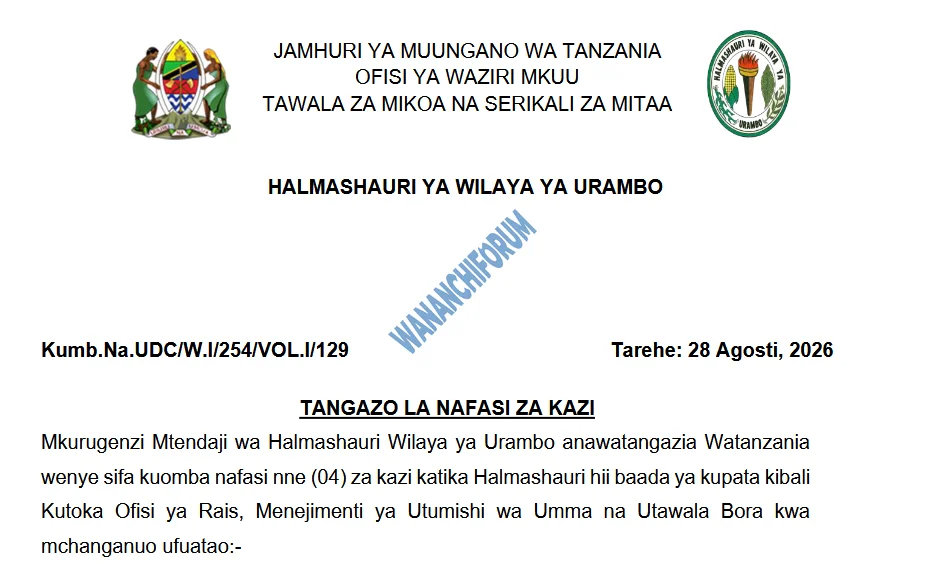 TANGAZO LA NAFASI ZA KAZI HALMASHAURI YA WILAYA YA URAMBO 29-08-2026