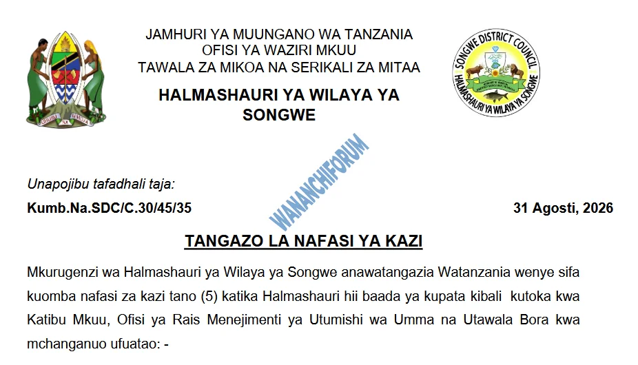 TANGAZO LA NAFASI ZA KAZI HALMASHAURI YA WILAYA YA SONGWE 31-08-2026