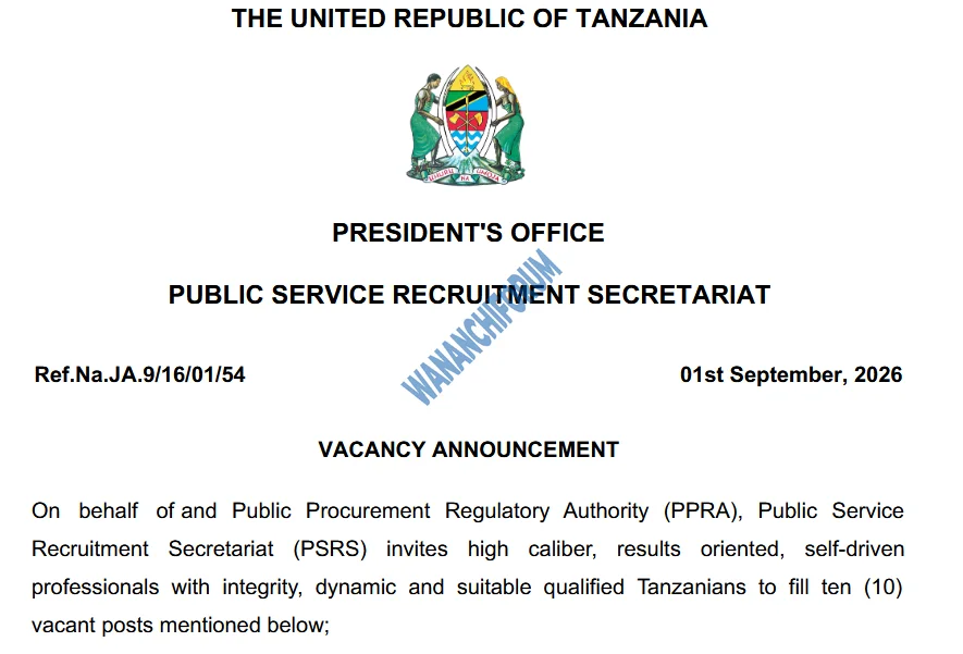 TANGAZO LA NAFASI ZA KAZI MAMLAKA YA UDHIBITI WA UNUNUZI WA UMMA (PPRA) 01-09-2026