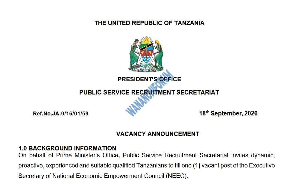 TANGAZO LA NAFASI YA KAZI BARAZA LA TAIFA LA UWEZESHAJI WANANCHI KIUCHUMI (NEEC) 19-09-2026