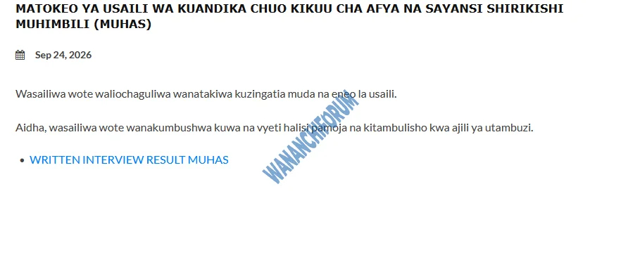 MATOKEO YA USAILI WA KUANDIKA CHUO KIKUU CHA AFYA NA SAYANSI SHIRIKISHI MUHIMBILI (MUHAS)
