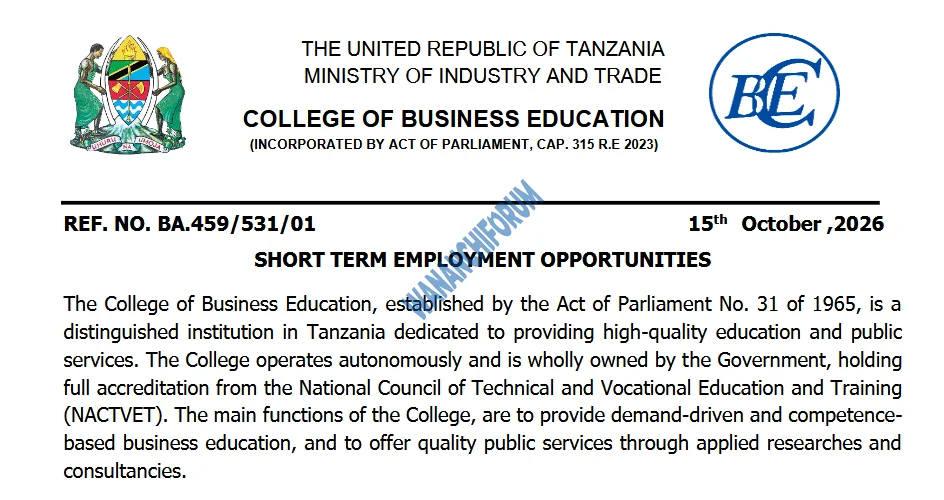 TANGAZO LA NAFASI ZA KAZI ZA MKATABA CHUO CHA ELIMU YA BIASHARA (CBE) 17/10/2026