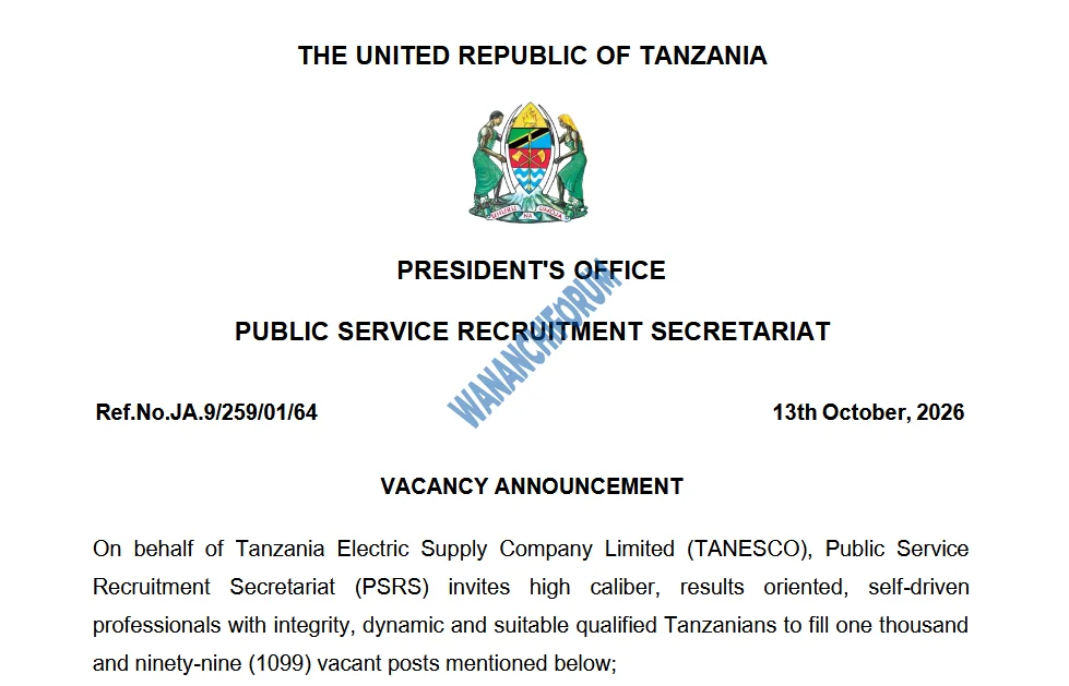 TANGAZO LA NAFASI ZA KAZI SHIRIKA LA UMEME TANZANIA (TANESCO) 13/10/2026