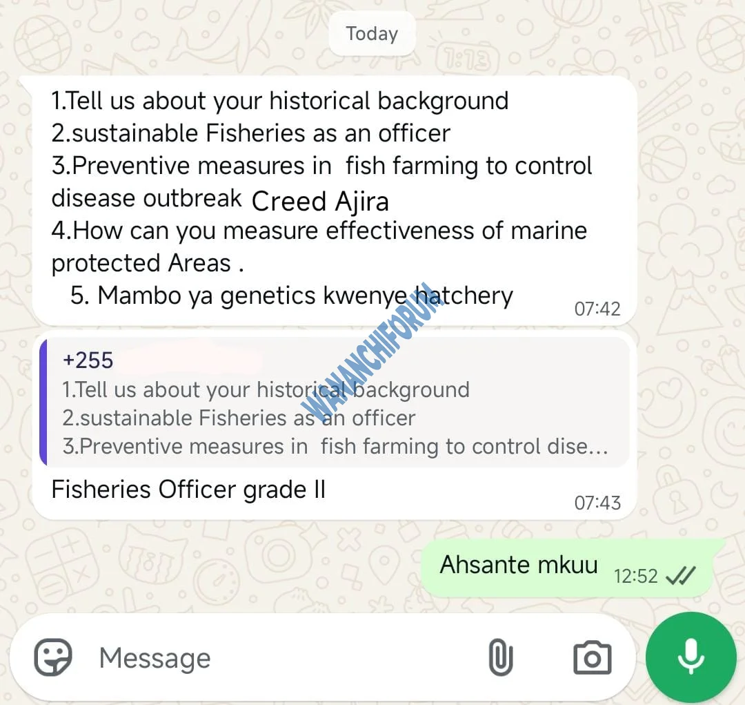 Maswali ya Usaili Fisheries Officer II