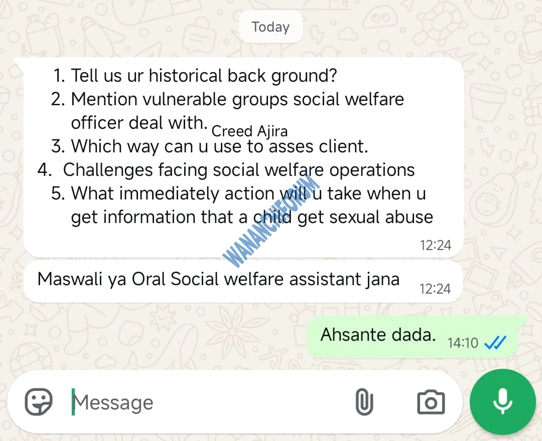 Maswali ya Usaili Social welfare assistant