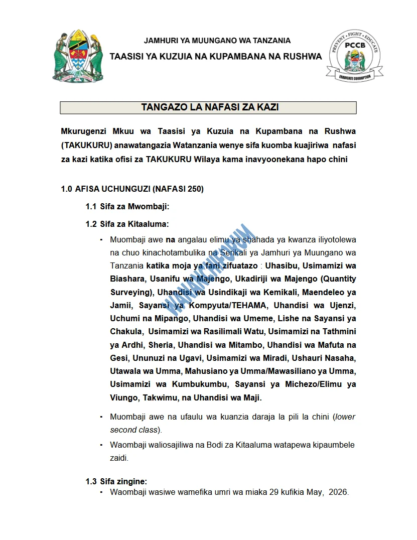 Nafasi za Kazi TAKUKURU PCCB