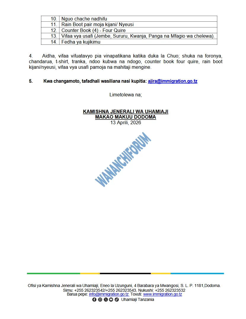 Orodha ya Majina ya Walioitwa kwenye Mafunzo Uhamiaji Aprili 13, 2026