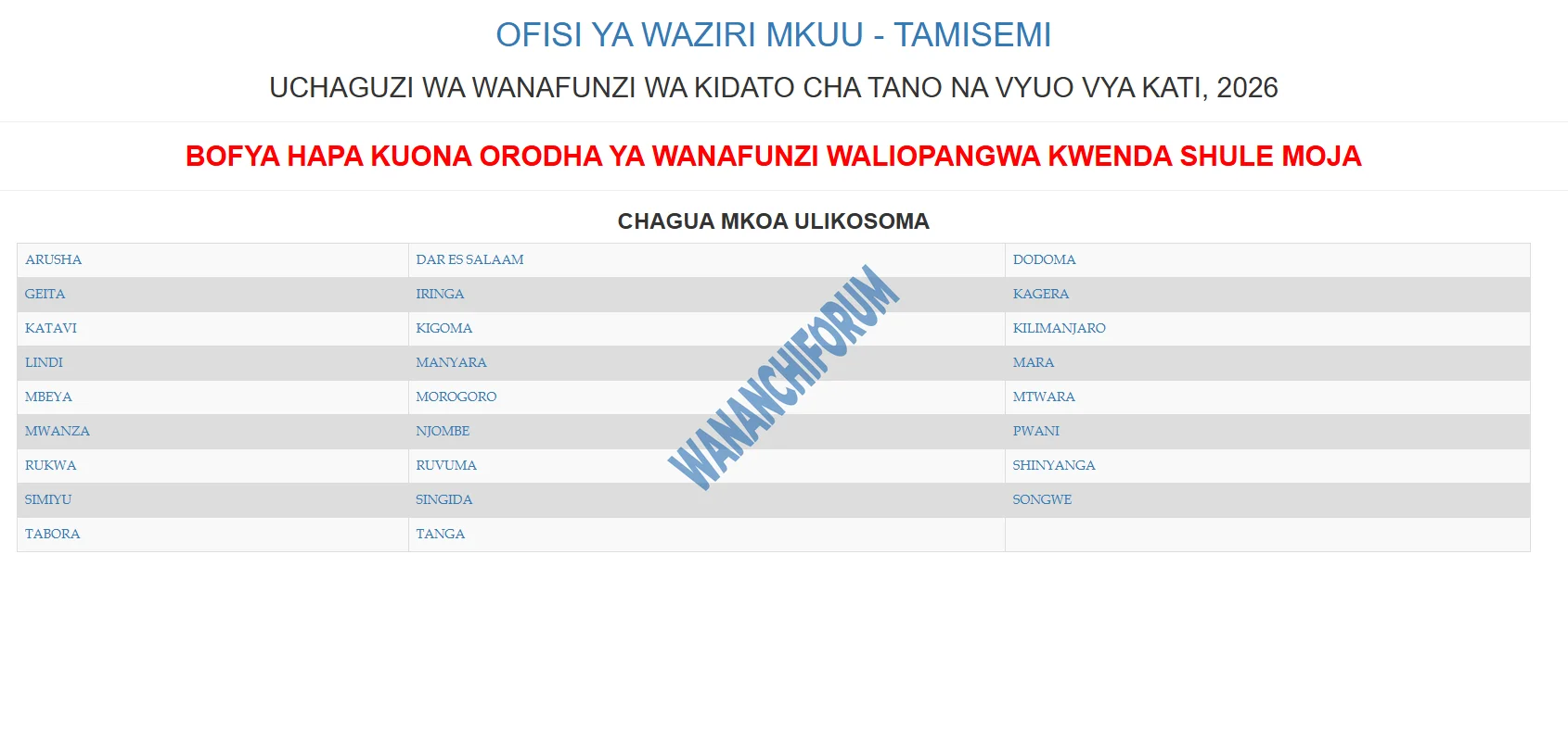 Shule Walizopangiwa form five 2026 Mikoa Yote hii hapa