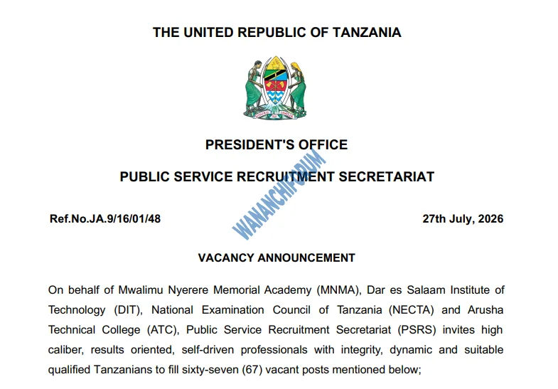 TANGAZO LA NAFASI ZA KAZI TAASISI MBALIMBALI ZA UMMA 28-07-2026