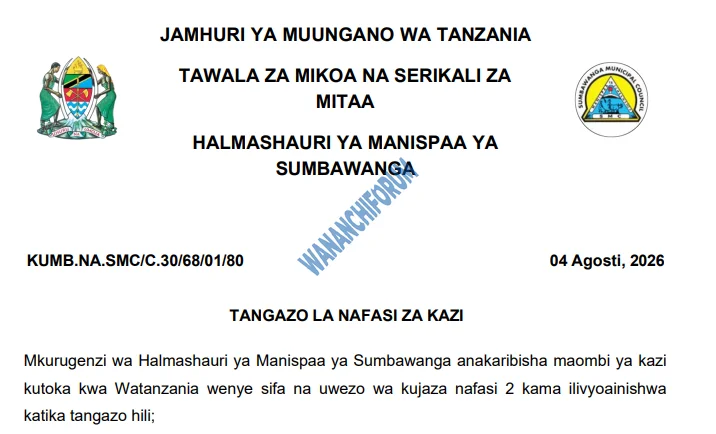 TANGAZO LA NAFASI ZA KAZI HALMASHAURI YA MANISPAA YA SUMBAWANGA 04-08-2026