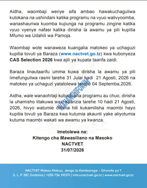 MATOKEO YA UCHAGUZI WA UDAHILI KUPITIA MFUMO WA UDAHILI WA PAMOJA (CAS) KWA KOZI ZA AFYA NA SAYANSI SHIRIKISHI KWA MWAKA WA MASOMO 2026/2027 - AWAMU Y