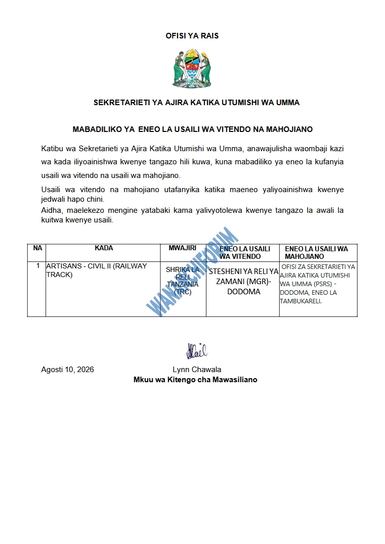 MABADILIKO YA ENEO LA USAILI WA VITENDO NA MAHOJIANO KADA YA ARTISANS - CIVIL II (RAILWAY TRACK)
