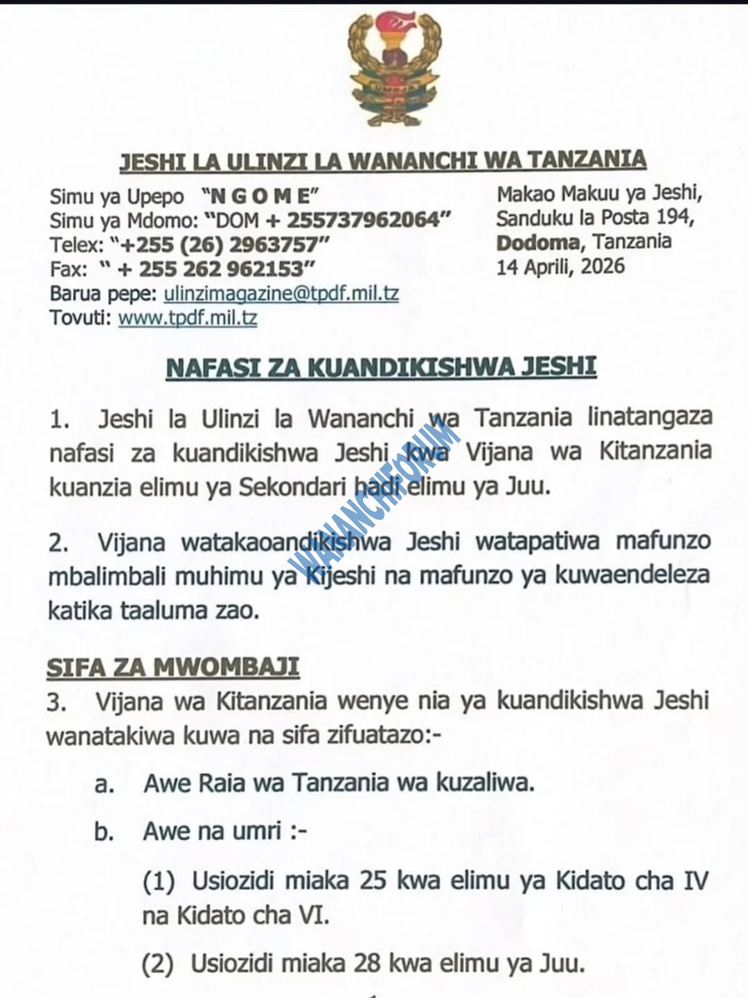 Nafasi za Kazi JWTZ Jeshi la Wananchi Tanzania